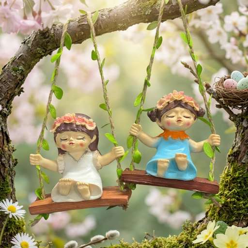 A hand-painted resin figurine of a girl wearing a blue dress and an orange-tipped flower crown, sitting on a miniature wooden swing hanging from jute rope with decorative green leaves.