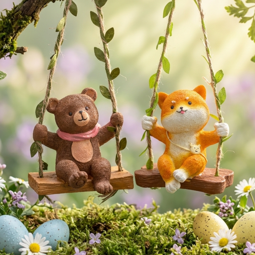 : Miniature forest animal garden decor set featuring a bear and a fox on hanging swings, perfect for fairy gardens and outdoor plant decorations.