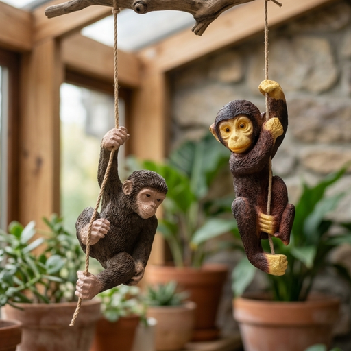 Two realistic baby monkey figurines hanging from brown ropes on a green grass background, featuring lifelike fur textures and playful climbing poses for garden or nursery décor.