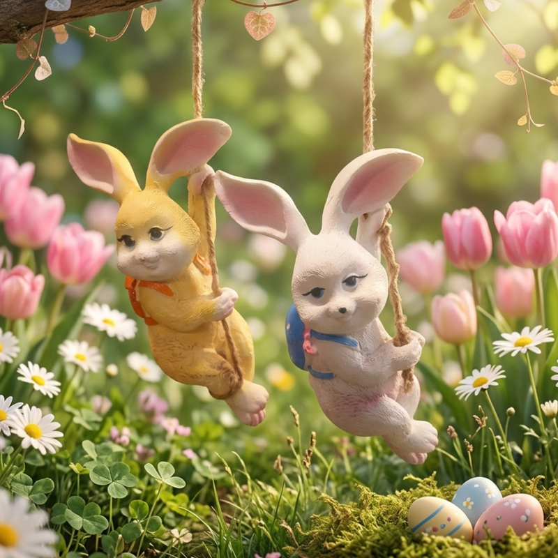 Whimsical Hanging Garden Bunny Duo – Set of 2 Resin Rabbit Figurines-5x4x7 inch