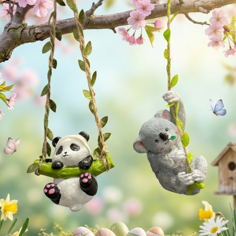 Adorable Koala and Panda Mini Hanging Garden Statues – 2-Piece Resin