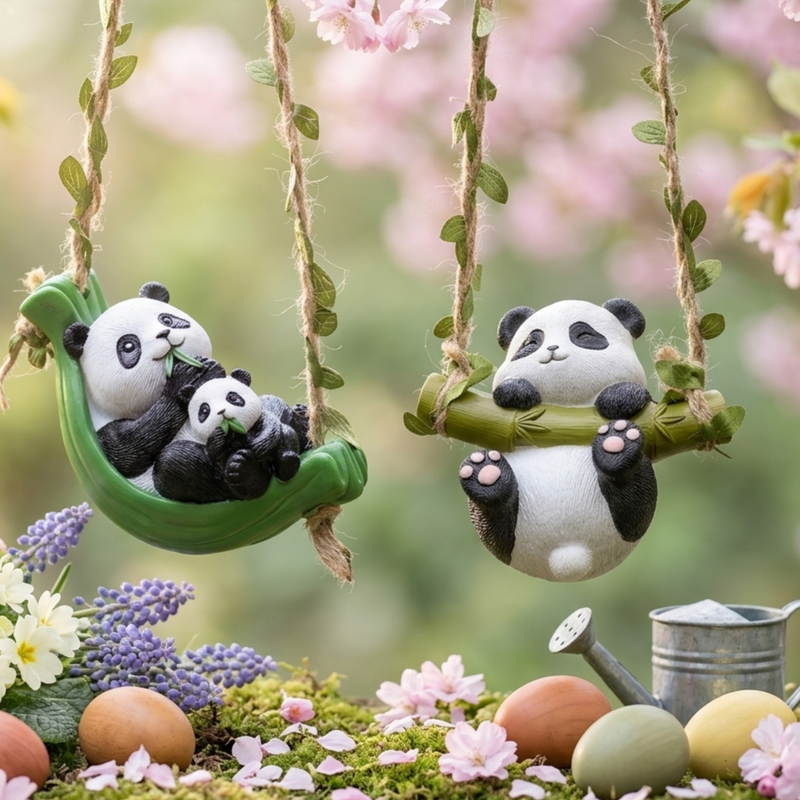 Set of 2 Mini Hanging Panda Mother & Baby Panda on Swing and Panda on Bamboo Swing