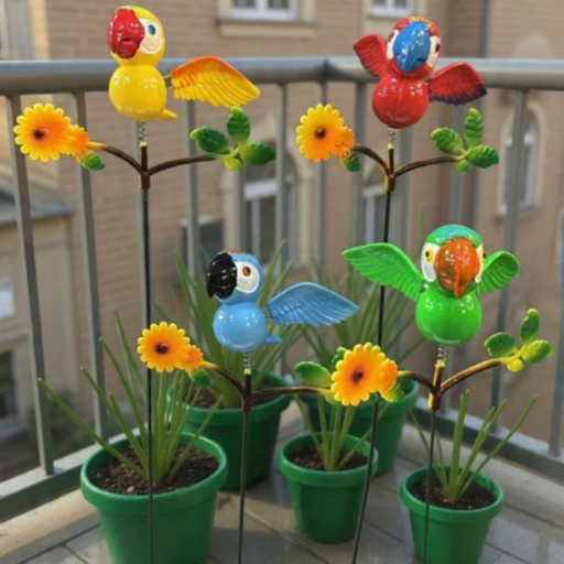A set of four colorful tropical parrot garden stakes featuring yellow, red, blue, and green birds on metal springs with yellow sunflower accents against a gray background.