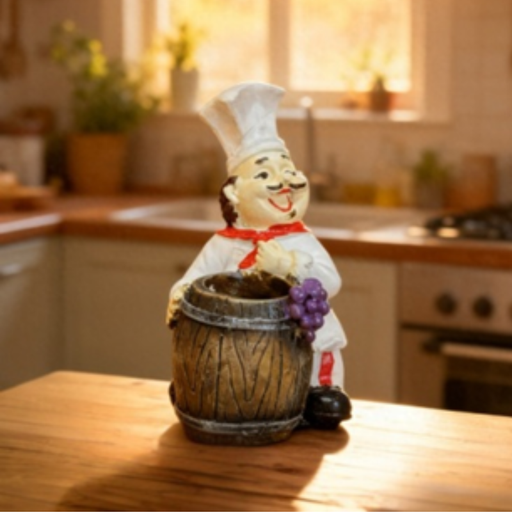 A whimsical kitchen figurine of a smiling chef with a mustache and white hat, leaning against a small wooden barrel used as a toothpick holder, displayed on a rustic wood stump.
