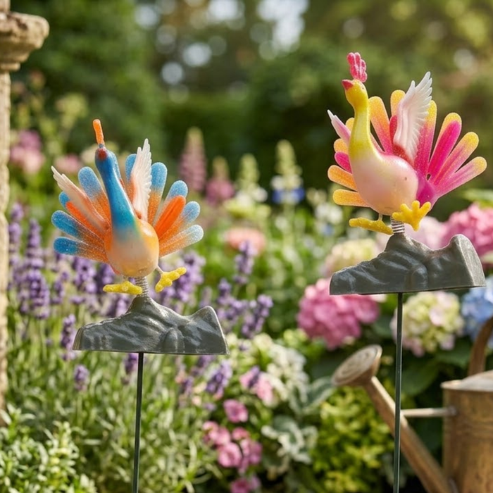 Set of 2 yellow and green peacock garden stakes