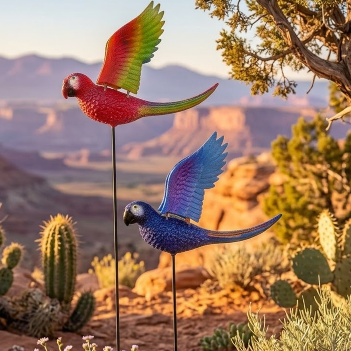 Set of 2 yellow and green flying parrot garden stakes