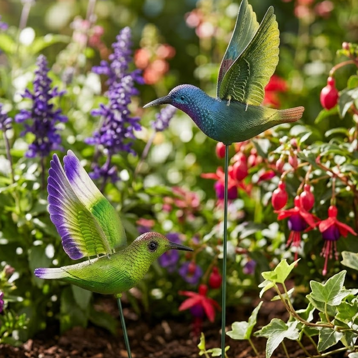 Set of 2 green and blue hummingbird garden stakes