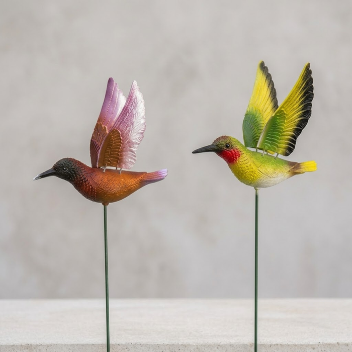 Set of 2 red and yellow hummingbird garden stakes