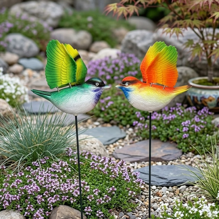 Set of 2 green and orange flying bird garden stakes