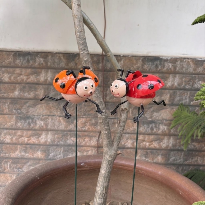 Set of 2 red and orange ladybug garden stakes