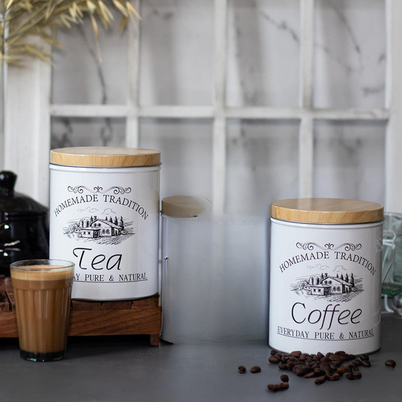 Vintage "Homemade Tradition" Metal Storage Canister Set for Tea & Coffee with Wooden Lids