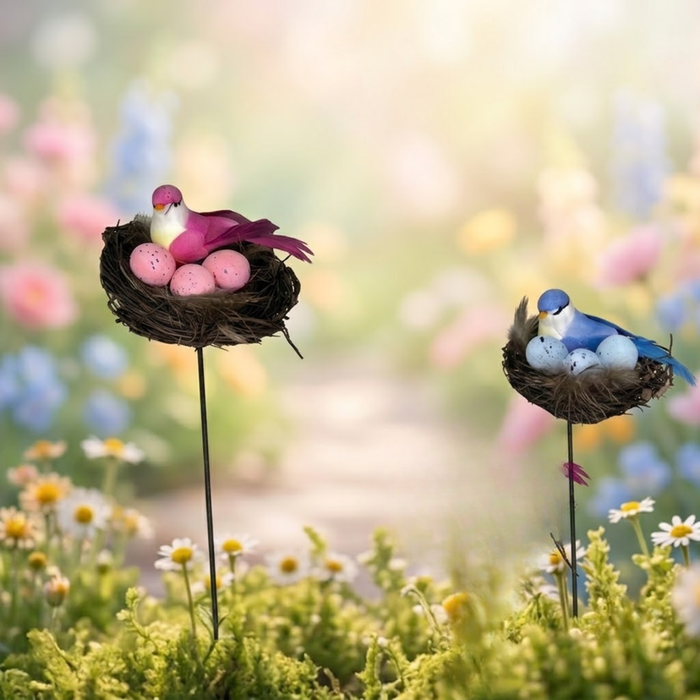Set of 2 pink and blue bird nest garden sticks