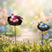 Set of 2 pink and blue bird nest garden sticks