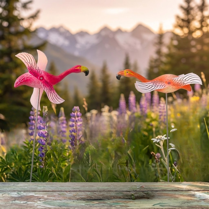 Set of 2 pink and orange flamingo wind spinner garden stakes