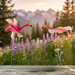 Set of 2 pink and orange flamingo wind spinner garden stakes