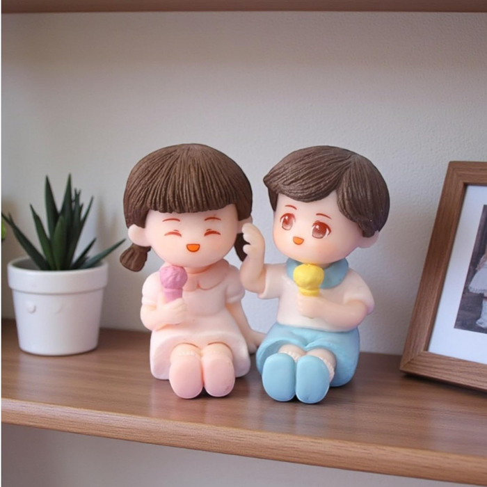 Ice Cream Kids Set (Sitting) Miniature|Figurine for Fairy Garden, Doll House | Shelf Décor | Resin Couple Miniature | gift items| -1x0.5x1.8 inches