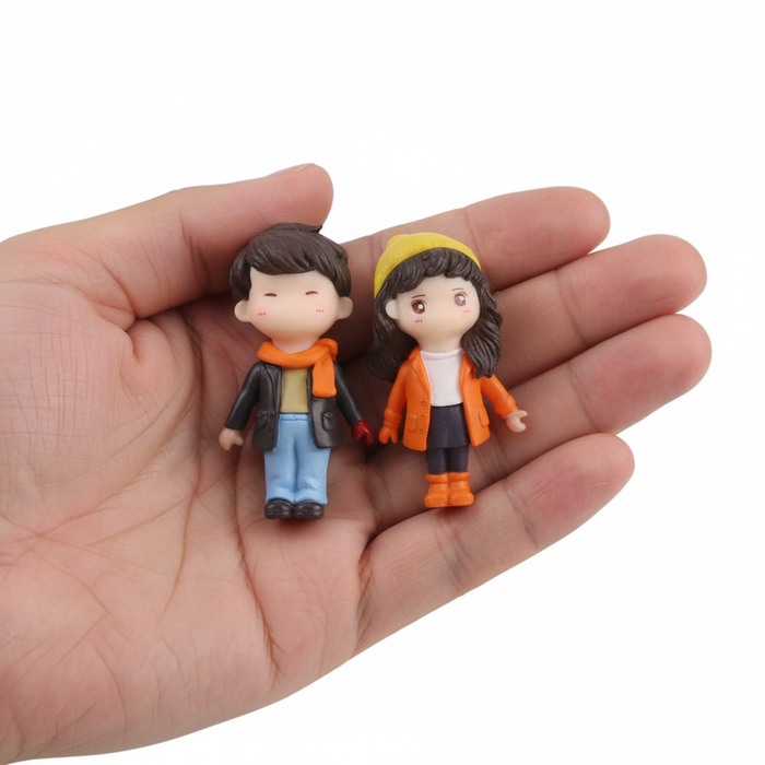 Adorable Cute Winter Honeymoon Couple Miniature| Fairy Garden Figurine| Doll House Decor| Bonsai Tray Garden- Boy- 1.1x1.1x3 inch Girl- 1.2x1.3x2.7 inch (Blue & Orange)