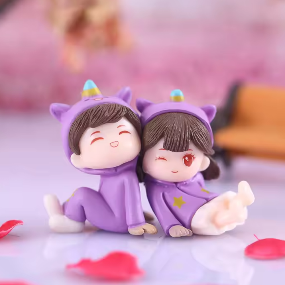 Set of 2 Purple Dress Couple Miniature  (Sitting, Joint together) | Car Dashboard Accessories| Fairy Garden| Bonsai Tray Garden| Shelf Decor| Showpiece Figurine| Doll House-2.3 x 1 x 1.3