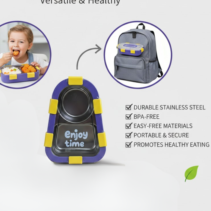 Kids- 470 ml SS lunch Box 304 Stainless Steel Enjoy Time Tiffin Box (price per pc)|Leak-Proof Tiffin Box for Kids | Premium School and Picnic Lunch Box
