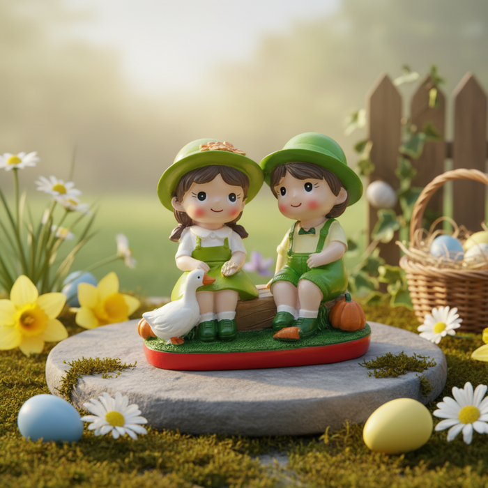 Wonderland Whimsical Garden Couple Sitting Figurine – Hand-Painted Miniature Boy and Girl with White Duck and Pumpkin – Pastoral Home Decor Statue-4.5x2.6x4.5 inch