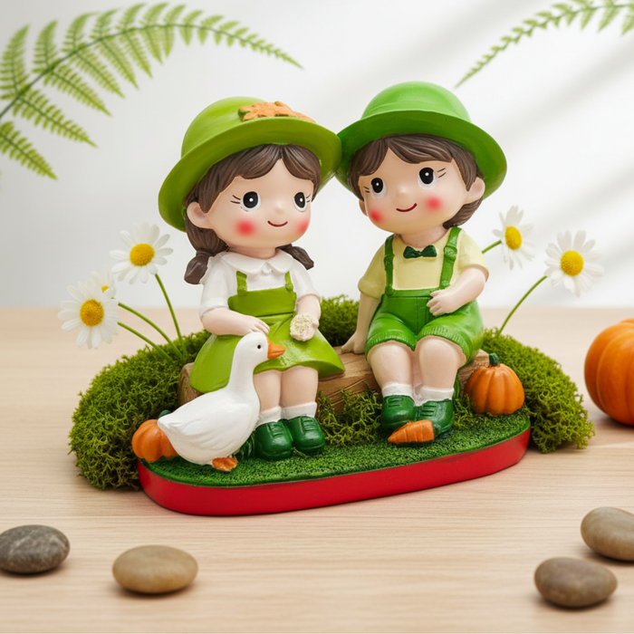 Wonderland Whimsical Garden Couple Sitting Figurine – Hand-Painted Miniature Boy and Girl with White Duck and Pumpkin – Pastoral Home Decor Statue-4.5x2.6x4.5 inch