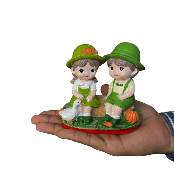 Wonderland Whimsical Garden Couple Sitting Figurine – Hand-Painted Miniature Boy and Girl with White Duck and Pumpkin – Pastoral Home Decor Statue-4.5x2.6x4.5 inch