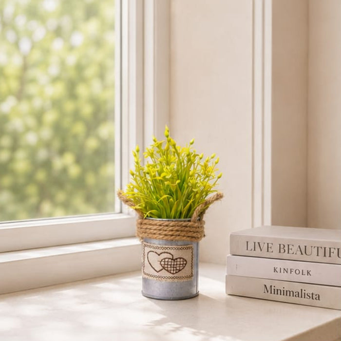 Metal Pot-Yellow-with Artificial Plant Attached for Home Decor