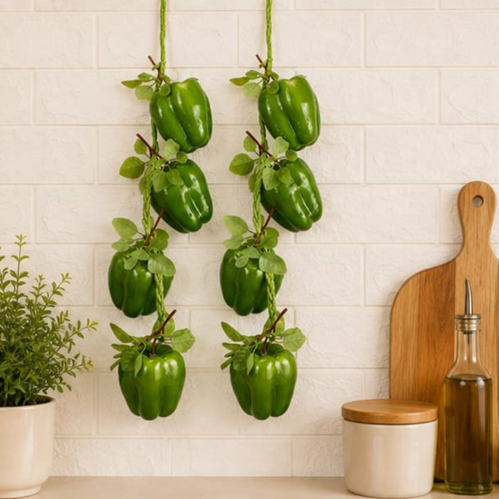 Pack of 2 Artificial Green Bell Pepper/ Capsicum  Hanging Strings – Realistic Faux Vegetable Garlands for Kitchen, Farmhouse Decor, and Photography Props