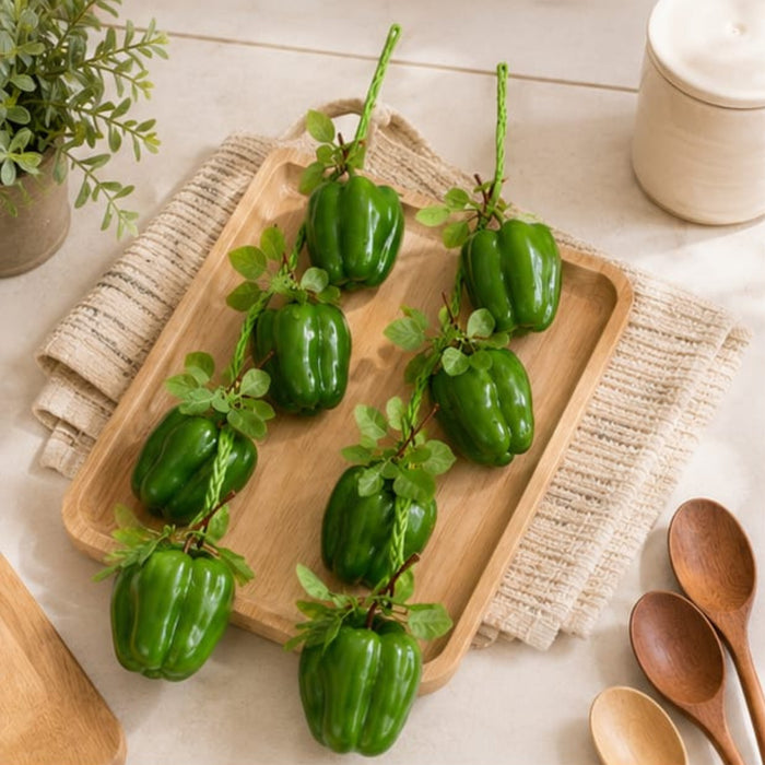 Pack of 2 Artificial Green Bell Pepper/ Capsicum  Hanging Strings – Realistic Faux Vegetable Garlands for Kitchen, Farmhouse Decor, and Photography Props