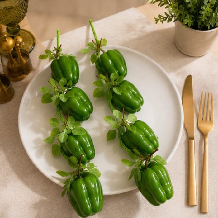 Pack of 2 Artificial Green Bell Pepper/ Capsicum  Hanging Strings – Realistic Faux Vegetable Garlands for Kitchen, Farmhouse Decor, and Photography Props