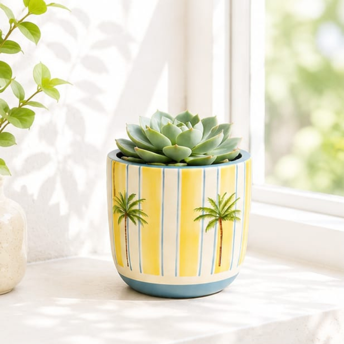 Hand-Painted Tropical Palm Terracotta Planter