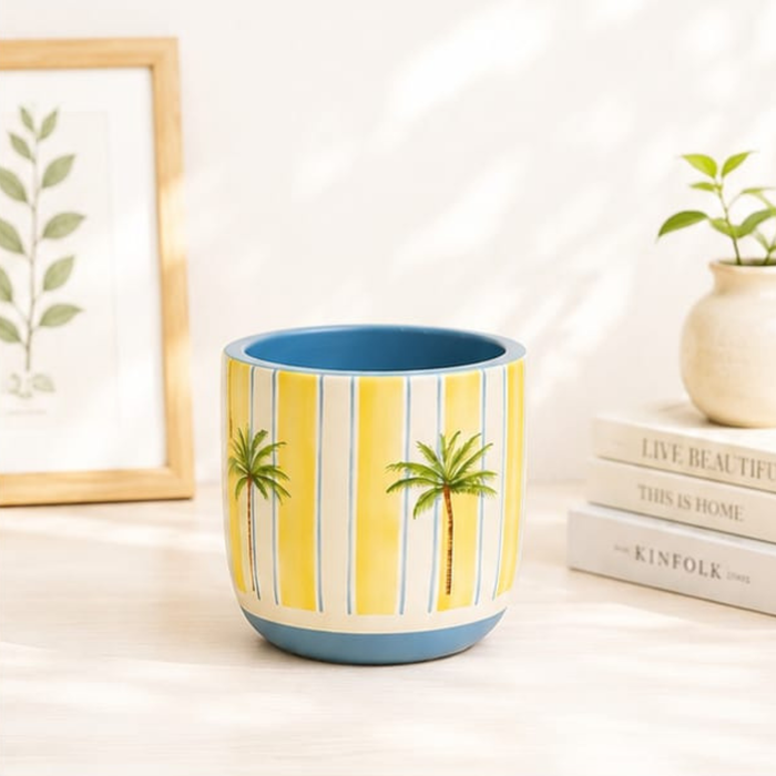 Hand-Painted Tropical Palm Terracotta Planter