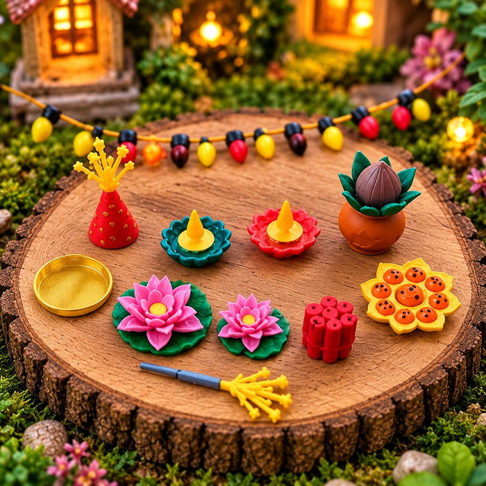 Set of 11 Diwali Miniatures for Dollhouse & Miniature Decor | Mini Diya, Lotus, Decorative Lights & Festive Accessories | Diwali Decoration for Fairy Garden, Doll House & DIY Crafts