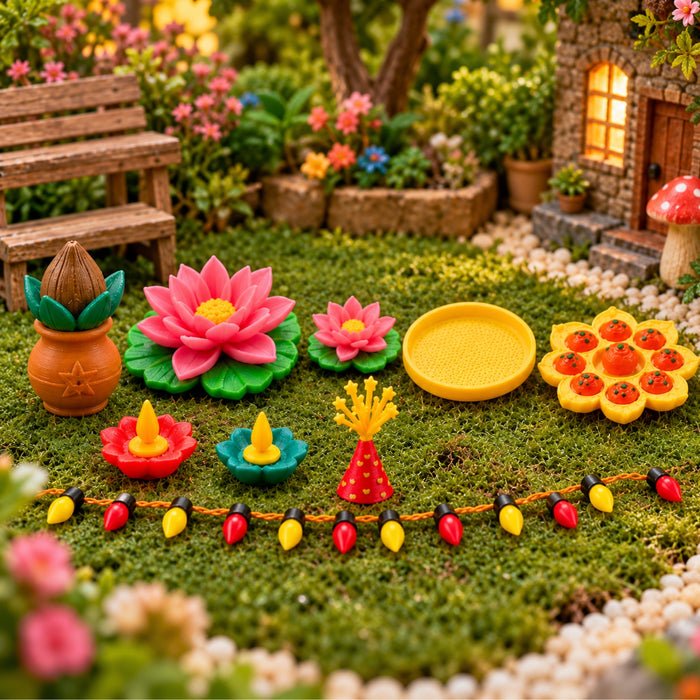 Set of 11 Diwali Miniatures for Dollhouse & Miniature Decor | Mini Diya, Lotus, Decorative Lights & Festive Accessories | Diwali Decoration for Fairy Garden, Doll House & DIY Crafts