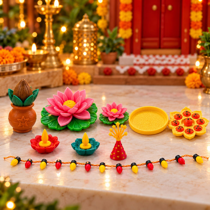 Set of 11 Diwali Miniatures for Dollhouse & Miniature Decor | Mini Diya, Lotus, Decorative Lights & Festive Accessories | Diwali Decoration for Fairy Garden, Doll House & DIY Crafts
