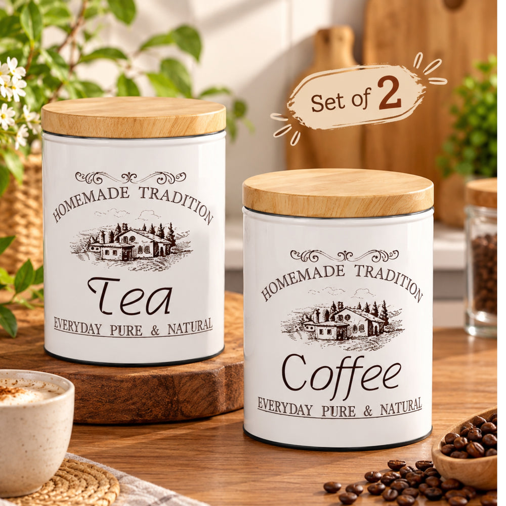 Vintage "Homemade Tradition" Metal Storage Canister Set for Tea & Coffee with Wooden Lids