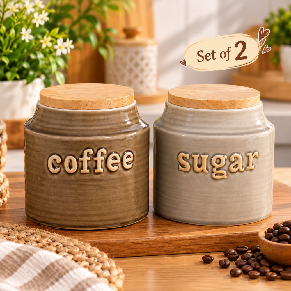 Imported Ceramic Sugar and Coffee Container with Rubber Tight Wooden Lid (Set of 2)