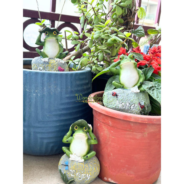 Wonderland 3-Piece Zen Frog Garden Statues - Whimsical Resin Figurines Sitting on Stones Engraved with "Peace," "Enjoy," and "Hope" - Outdoor/Indoor Decor Set