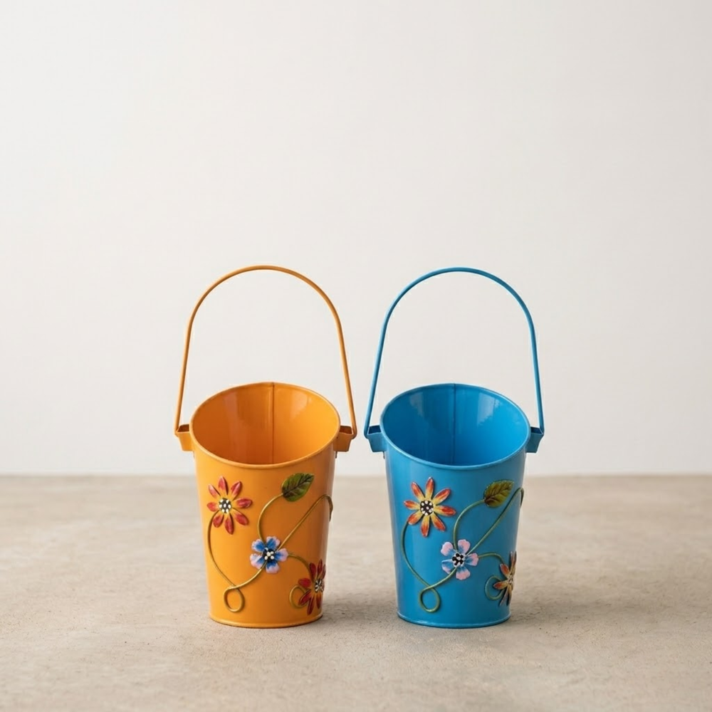 Blue and Yellow Half Moon Bucket with Handle