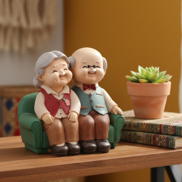 Wonderland Handcrafted Elderly Couple Figurine – "Forever Together" Loving Grandparents Statue on Green Sofa – Romantic Anniversary & Home Decor Gift-5.2x3.6x5.2 inch