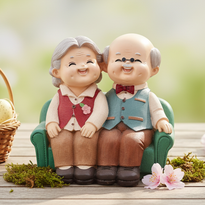 Wonderland Handcrafted Elderly Couple Figurine – "Forever Together" Loving Grandparents Statue on Green Sofa – Romantic Anniversary & Home Decor Gift-5.2x3.6x5.2 inch