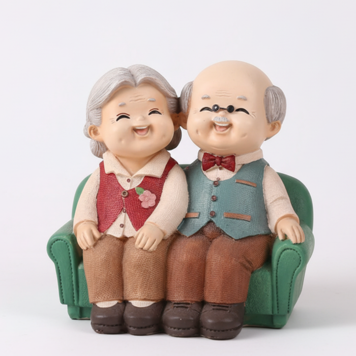 Wonderland Handcrafted Elderly Couple Figurine – "Forever Together" Loving Grandparents Statue on Green Sofa – Romantic Anniversary & Home Decor Gift-5.2x3.6x5.2 inch