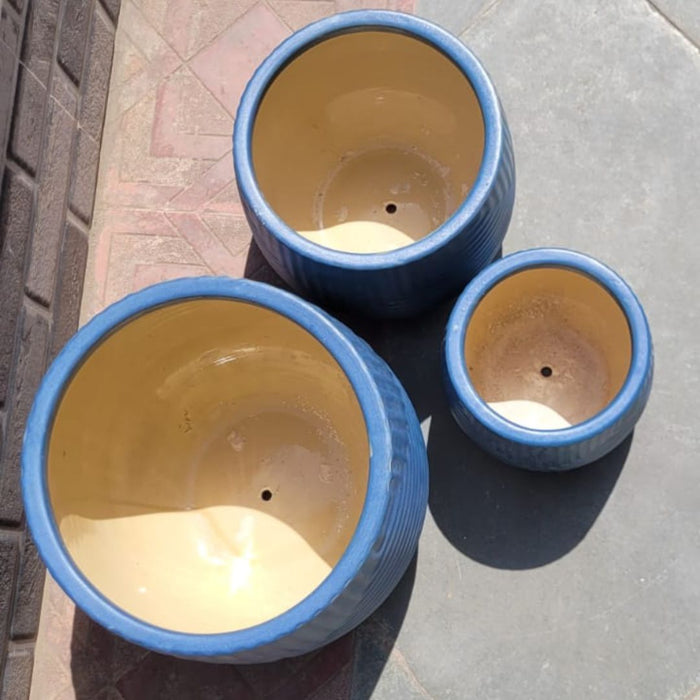 Wonderland Set of 3 blue embossedImported ceramic pots for exterior/ Outdoor