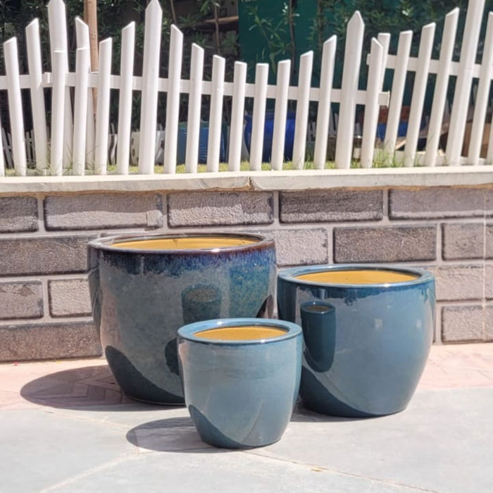 Wonderland Set of 3 glazed burnt Imported ceramic pots for exterior/ Outdoor