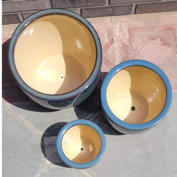 Wonderland Set of 3 glazed burnt Imported ceramic pots for exterior/ Outdoor