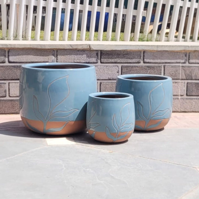 Wonderland Set of 3 light blueImported ceramic pots for exterior/ Outdoor