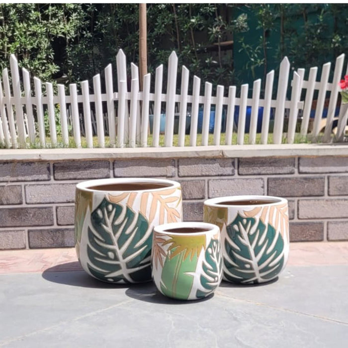 Wonderland Set of 3 spring green Imported ceramic pots for exterior/ Outdoor