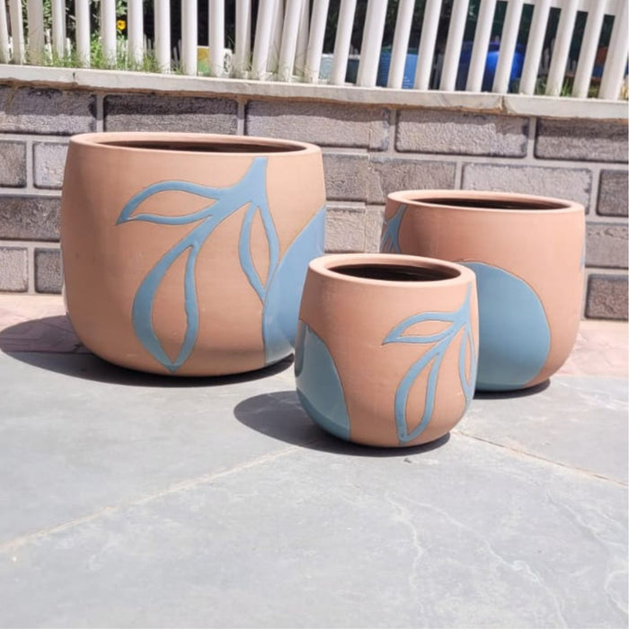 Wonderland Set of 3 blue embossed Imported ceramic pots for exterior/ Outdoor