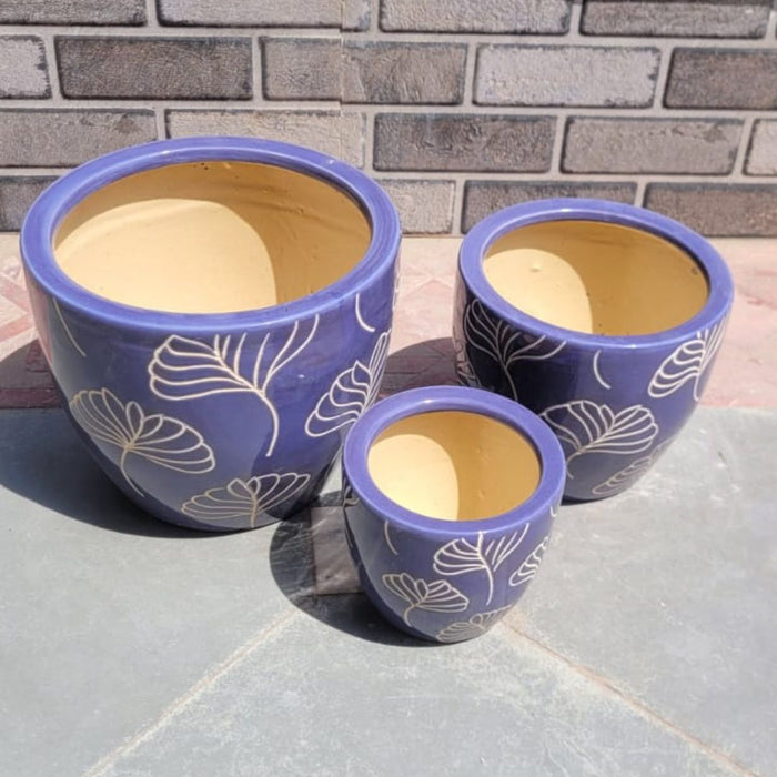 Wonderland Set of 3 blue floral Imported ceramic pots for exterior/ Outdoor