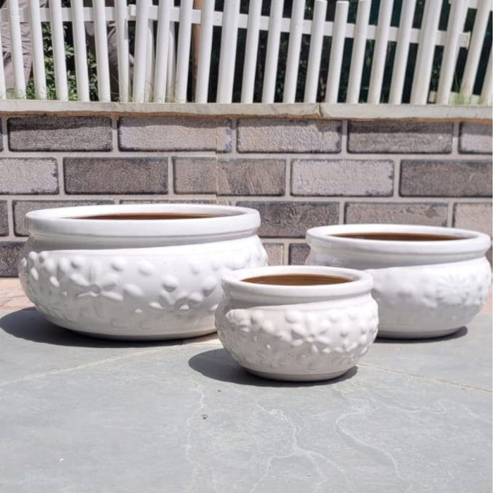 Wonderland Set of 3 white embossed Imported ceramic pots for exterior/ Outdoor